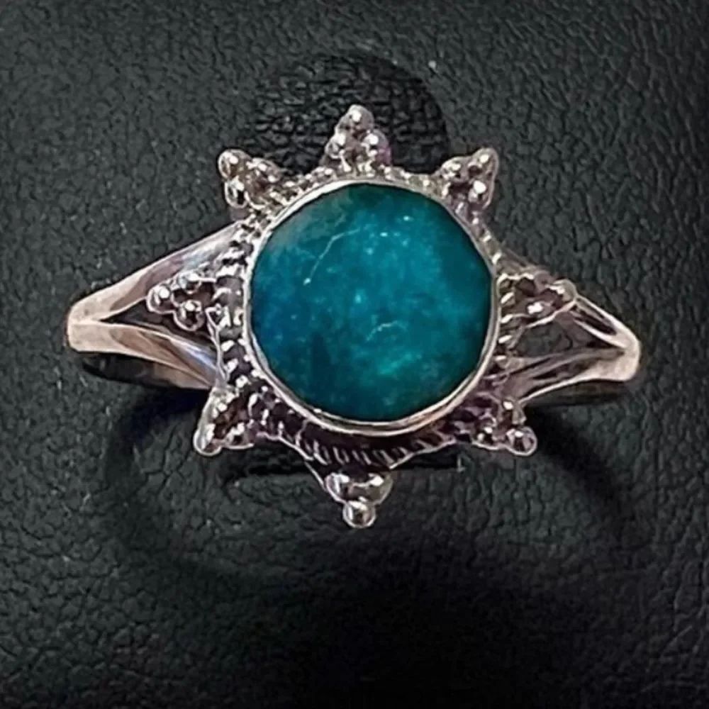 Sterling Silver Natural Emerald Sunburst Bohemian Style Ring Size 8